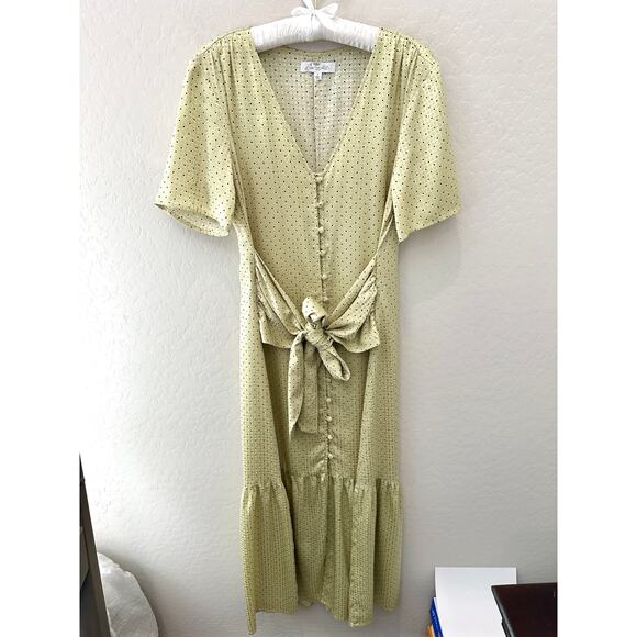 LOVE WHIT | Citron Green Dot Silky Button Front Waist Tie Midi Dress | Large - Picture 2 of 9